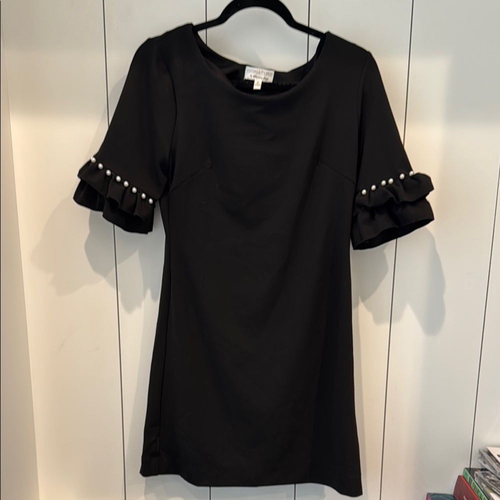 Signature by Robbie Bee Black Ruffled Bell Sleeve with Pearl accents Dress